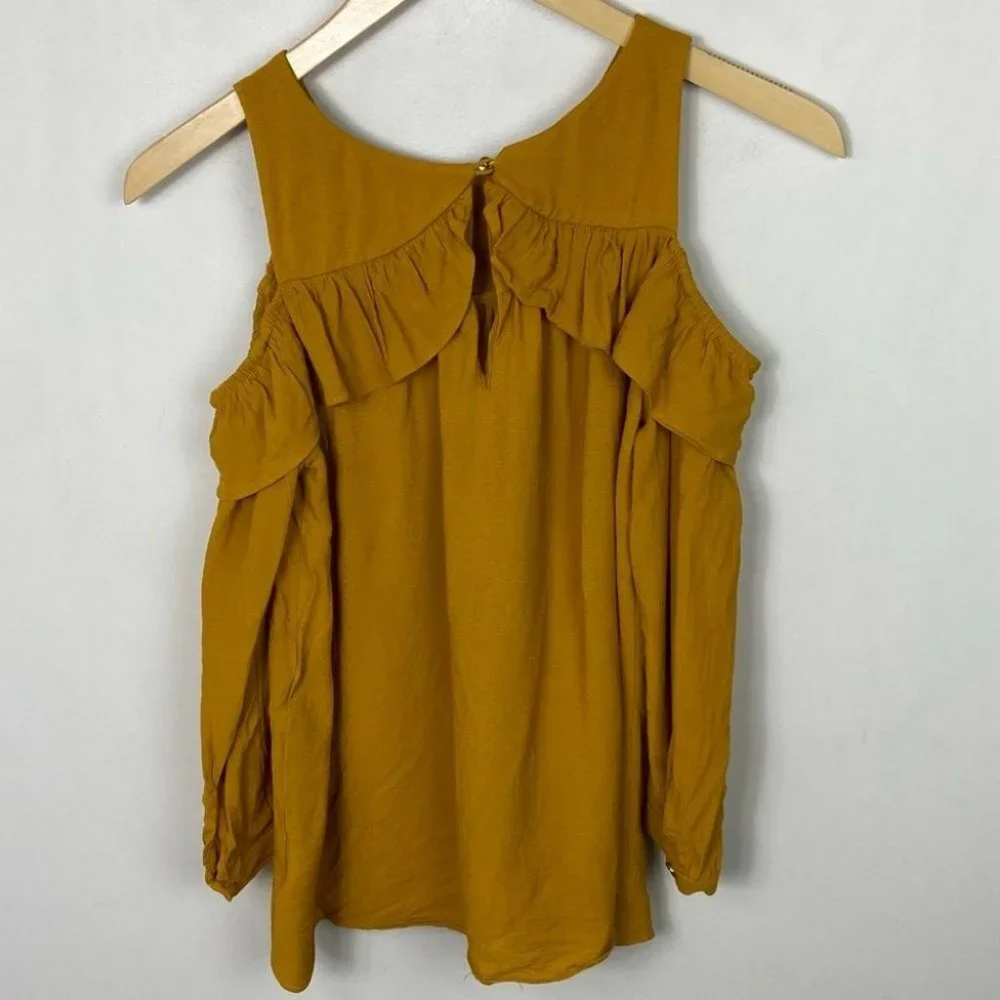 Anthropologie Maeve Brearly Mustard‎ Yellow Open Shoulder Ruffle Top Size 2 Boho - Picture 12 of 15
